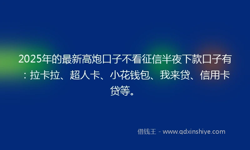 2025年的最新高炮口子不看征信半夜下款口子有：拉卡拉、超人卡、小花钱包、我来贷、信用卡贷等。