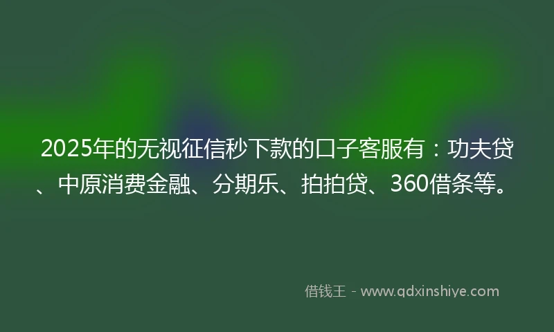 2025年的无视征信秒下款的口子客服有：功夫贷、中原消费金融、分期乐、拍拍贷、360借条等。