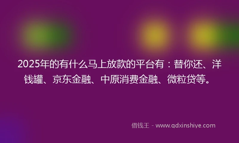 2025年的有什么马上放款的平台有：替你还、洋钱罐、京东金融、中原消费金融、微粒贷等。