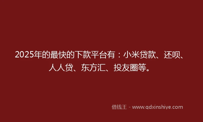 2025年的最快的下款平台有：小米贷款、还呗、人人贷、东方汇、投友圈等。