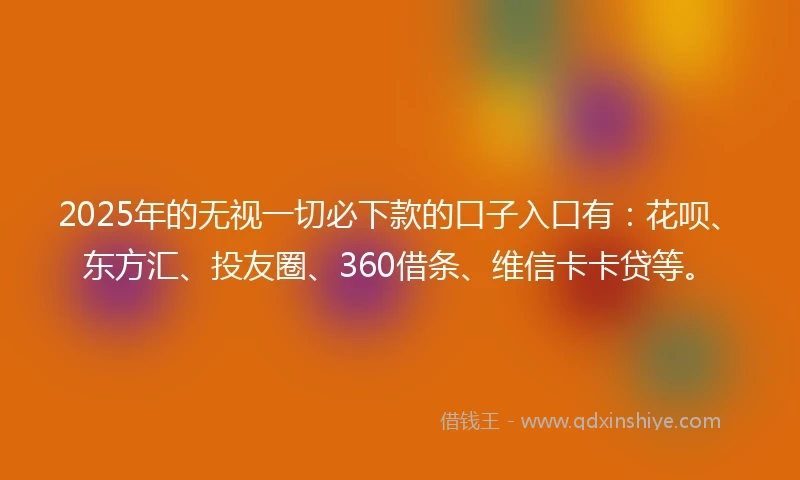 2025年的无视一切必下款的口子入口有：花呗、东方汇、投友圈、360借条、维信卡卡贷等。