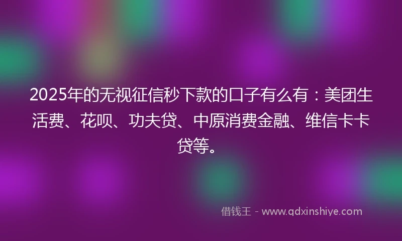 2025年的无视征信秒下款的口子有么有：美团生活费、花呗、功夫贷、中原消费金融、维信卡卡贷等。