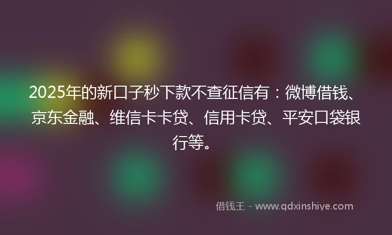 2025年的新口子秒下款不查征信有：微博借钱、京东金融、维信卡卡贷、信用卡贷、平安口袋银行等。
