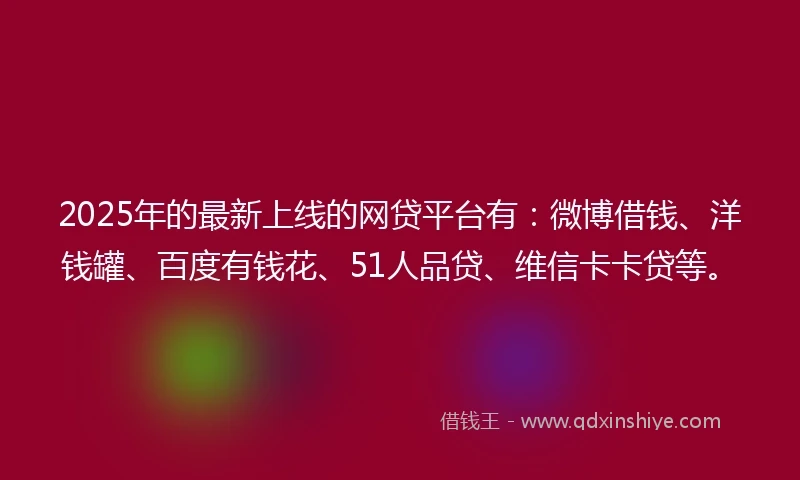 2025年的最新上线的网贷平台有：微博借钱、洋钱罐、百度有钱花、51人品贷、维信卡卡贷等。