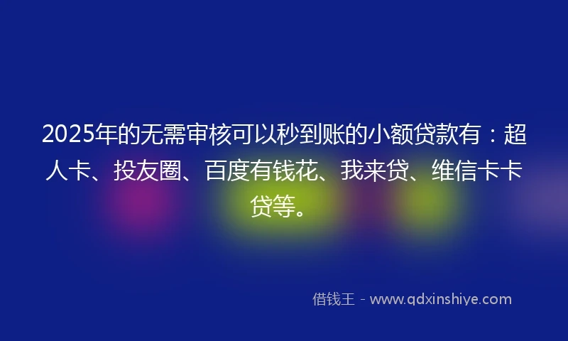 2025年的无需审核可以秒到账的小额贷款有：超人卡、投友圈、百度有钱花、我来贷、维信卡卡贷等。
