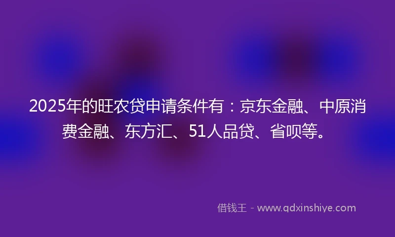 2025年的旺农贷申请条件有：京东金融、中原消费金融、东方汇、51人品贷、省呗等。