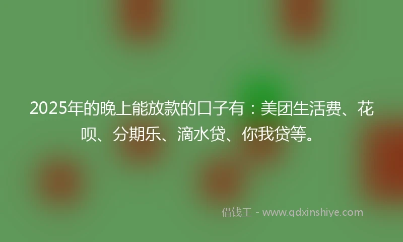 2025年的晚上能放款的口子有：美团生活费、花呗、分期乐、滴水贷、你我贷等。