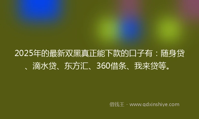 2025年的最新双黑真正能下款的口子有：随身贷、滴水贷、东方汇、360借条、我来贷等。