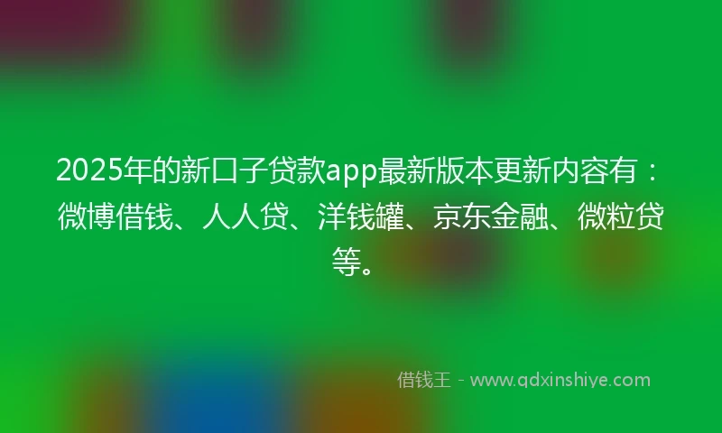 2025年的新口子贷款app最新版本更新内容有：微博借钱、人人贷、洋钱罐、京东金融、微粒贷等。
