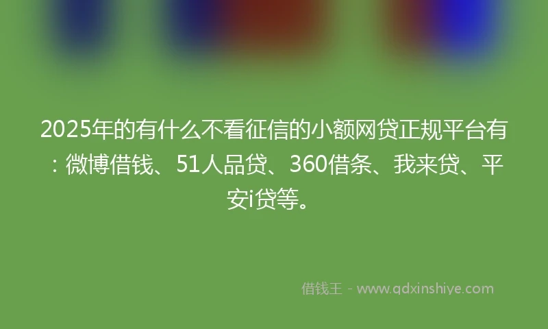 2025年的有什么不看征信的小额网贷正规平台有：微博借钱、51人品贷、360借条、我来贷、平安i贷等。