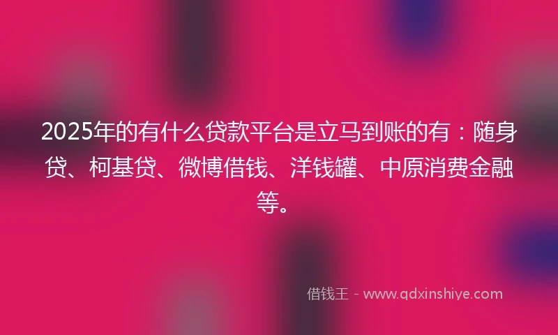 2025年的有什么贷款平台是立马到账的有：随身贷、柯基贷、微博借钱、洋钱罐、中原消费金融等。
