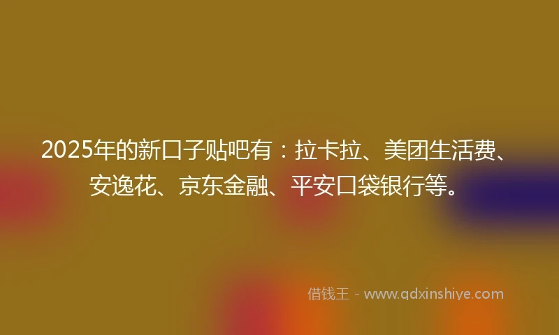 2025年的新口子贴吧有：拉卡拉、美团生活费、安逸花、京东金融、平安口袋银行等。
