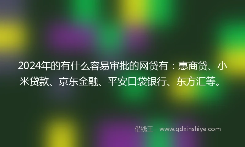 2024年的有什么容易审批的网贷有:惠商贷、小米贷款、京东金融、平安口袋银行、东方汇等。