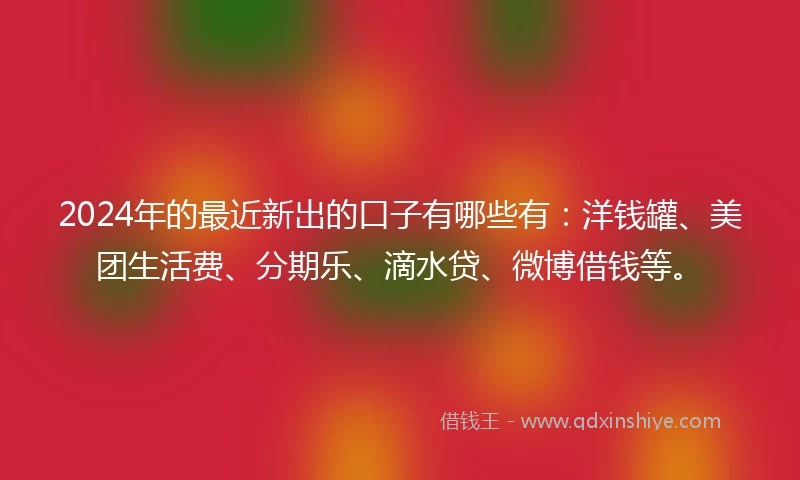 2024年的最近新出的口子有哪些有：洋钱罐、美团生活费、分期乐、滴水贷、微博借钱等。