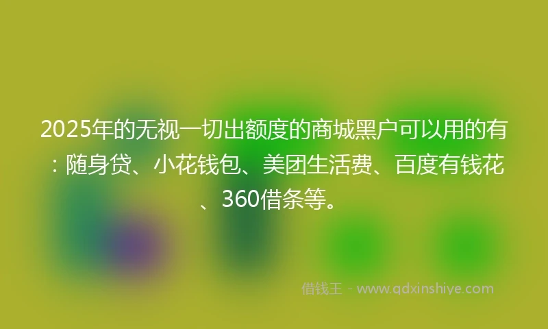 2025年的无视一切出额度的商城黑户可以用的有：随身贷、小花钱包、美团生活费、百度有钱花、360借条等。