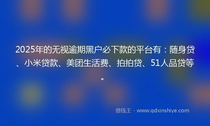 2025年的无视逾期黑户必下款的平台有：随身贷、小米贷款、美团生活费、拍拍贷、51人品贷等。