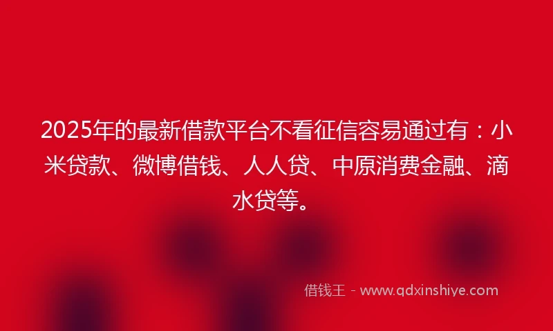 2025年的最新借款平台不看征信容易通过有：小米贷款、微博借钱、人人贷、中原消费金融、滴水贷等。