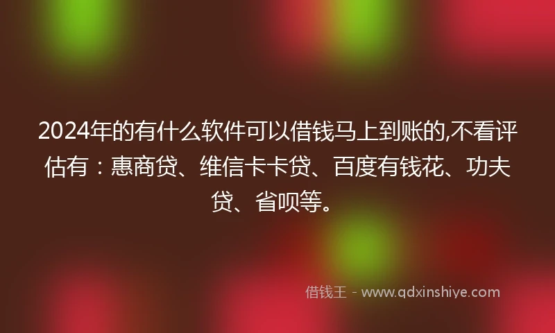 2024年的有什么软件可以借钱马上到账的,不看评估有：惠商贷、维信卡卡贷、百度有钱花、功夫贷、省呗等。