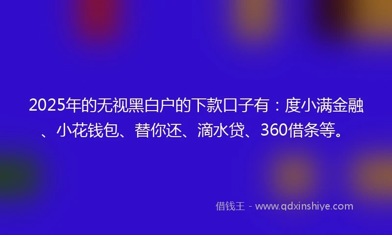 2025年的无视黑白户的下款口子有：度小满金融、小花钱包、替你还、滴水贷、360借条等。
