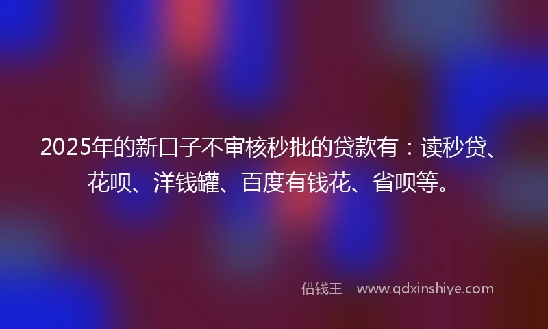 2025年的新口子不审核秒批的贷款有：读秒贷、花呗、洋钱罐、百度有钱花、省呗等。
