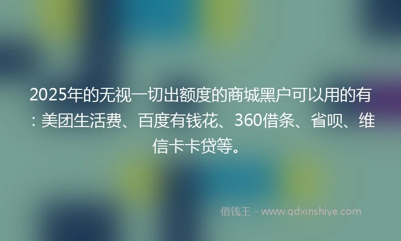 2025年的无视一切出额度的商城黑户可以用的有：美团生活费、百度有钱花、360借条、省呗、维信卡卡贷等。