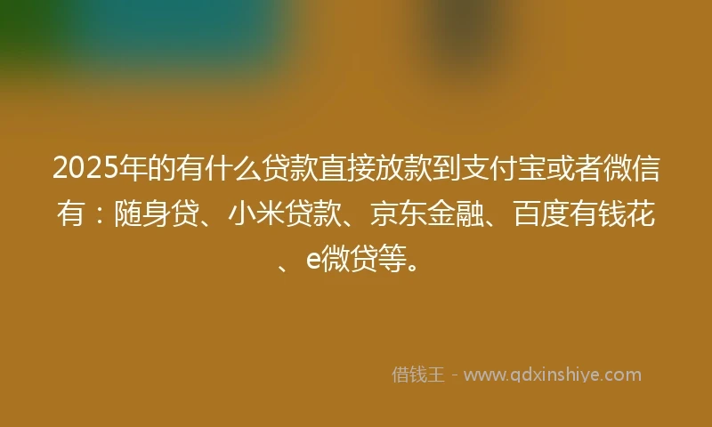 2025年的有什么贷款直接放款到支付宝或者微信有：随身贷、小米贷款、京东金融、百度有钱花、e微贷等。