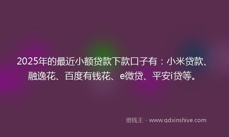2025年的最近小额贷款下款口子有：小米贷款、融逸花、百度有钱花、e微贷、平安i贷等。