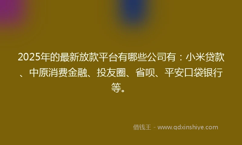 2025年的最新放款平台有哪些公司有：小米贷款、中原消费金融、投友圈、省呗、平安口袋银行等。