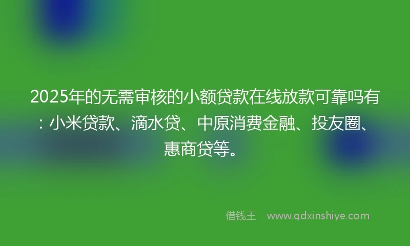 2025年的无需审核的小额贷款在线放款可靠吗有：小米贷款、滴水贷、中原消费金融、投友圈、惠商贷等。