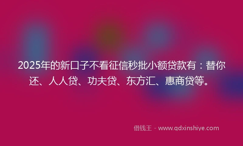 2025年的新口子不看征信秒批小额贷款有：替你还、人人贷、功夫贷、东方汇、惠商贷等。