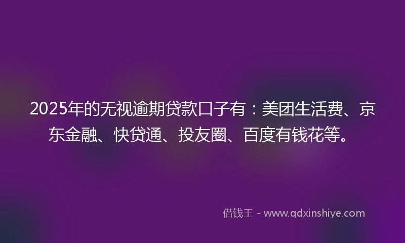 2025年的无视逾期贷款口子有：美团生活费、京东金融、快贷通、投友圈、百度有钱花等。