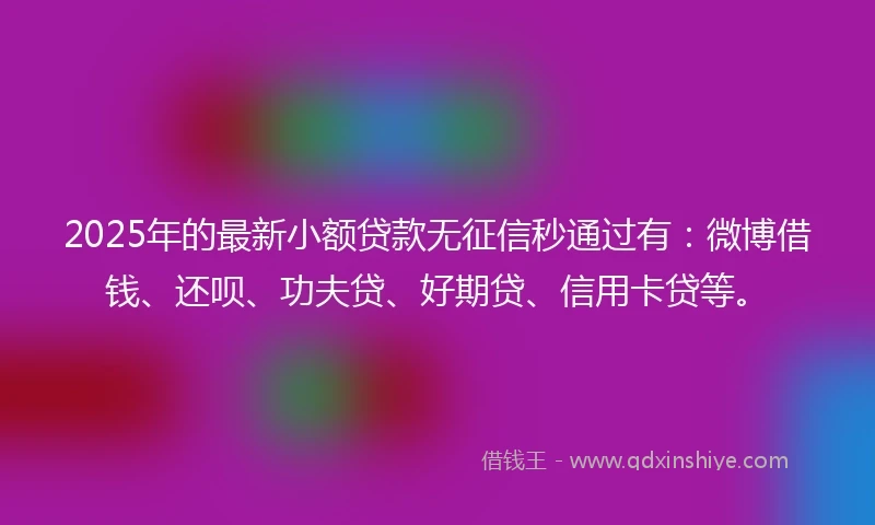 2025年的最新小额贷款无征信秒通过有：微博借钱、还呗、功夫贷、好期贷、信用卡贷等。