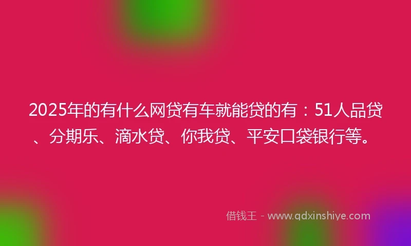2025年的有什么网贷有车就能贷的有：51人品贷、分期乐、滴水贷、你我贷、平安口袋银行等。