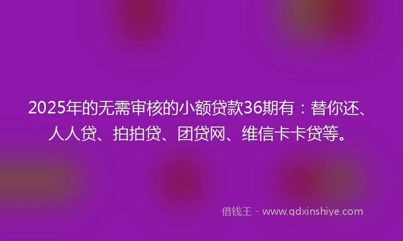 2025年的无需审核的小额贷款36期有：替你还、人人贷、拍拍贷、团贷网、维信卡卡贷等。