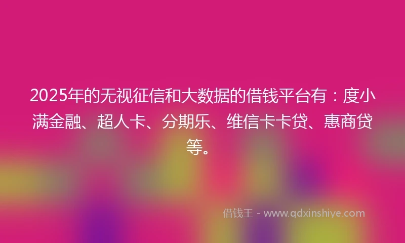 2025年的无视征信和大数据的借钱平台有：度小满金融、超人卡、分期乐、维信卡卡贷、惠商贷等。