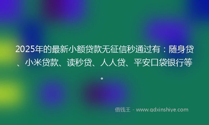 2025年的最新小额贷款无征信秒通过有：随身贷、小米贷款、读秒贷、人人贷、平安口袋银行等。