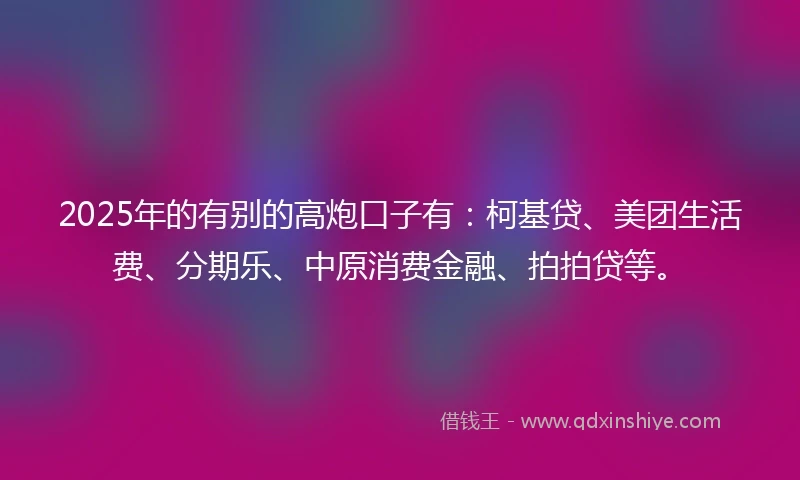 2025年的有别的高炮口子有：柯基贷、美团生活费、分期乐、中原消费金融、拍拍贷等。