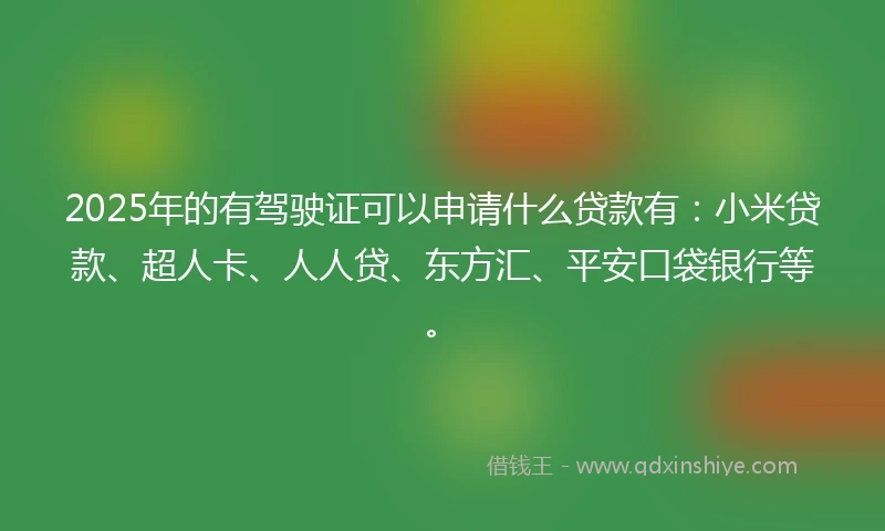 2025年的有驾驶证可以申请什么贷款有：小米贷款、超人卡、人人贷、东方汇、平安口袋银行等。