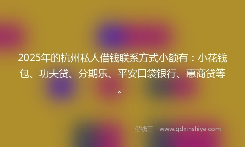 2025年的杭州私人借钱联系方式小额有：小花钱包、功夫贷、分期乐、平安口袋银行、惠商贷等。