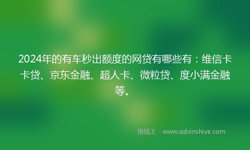 2024年的有车秒出额度的网贷有哪些有：维信卡卡贷、京东金融、超人卡、微粒贷、度小满金融等。