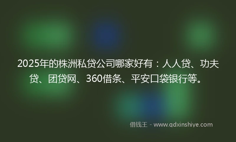 2025年的株洲私贷公司哪家好有：人人贷、功夫贷、团贷网、360借条、平安口袋银行等。