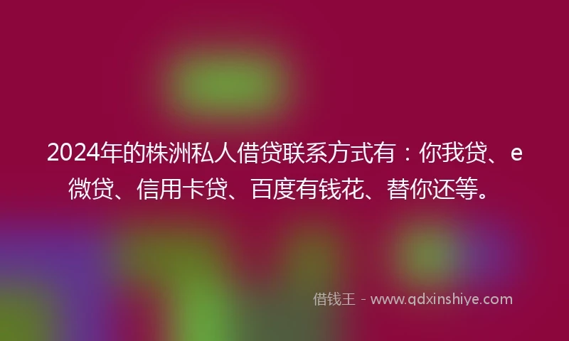 2024年的株洲私人借贷联系方式有：你我贷、e微贷、信用卡贷、百度有钱花、替你还等。