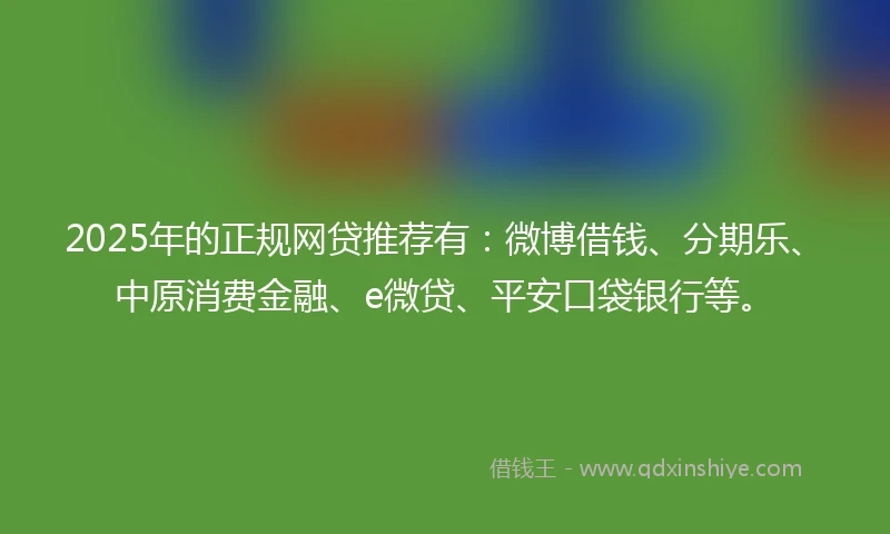 2025年的正规网贷推荐有：微博借钱、分期乐、中原消费金融、e微贷、平安口袋银行等。