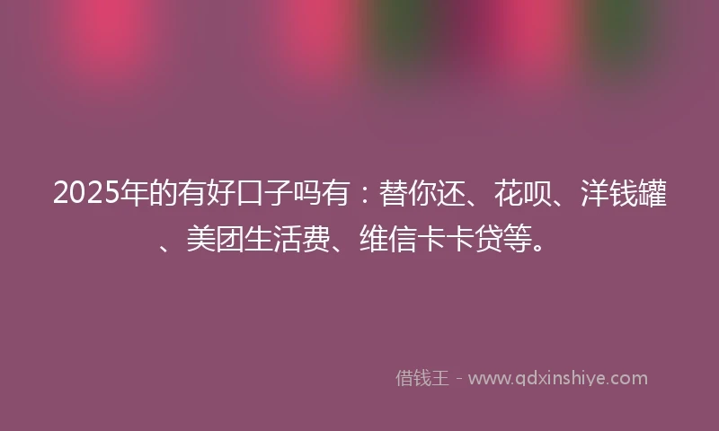2025年的有好口子吗有：替你还、花呗、洋钱罐、美团生活费、维信卡卡贷等。
