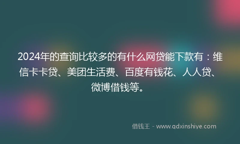 2024年的查询比较多的有什么网贷能下款有：维信卡卡贷、美团生活费、百度有钱花、人人贷、微博借钱等。