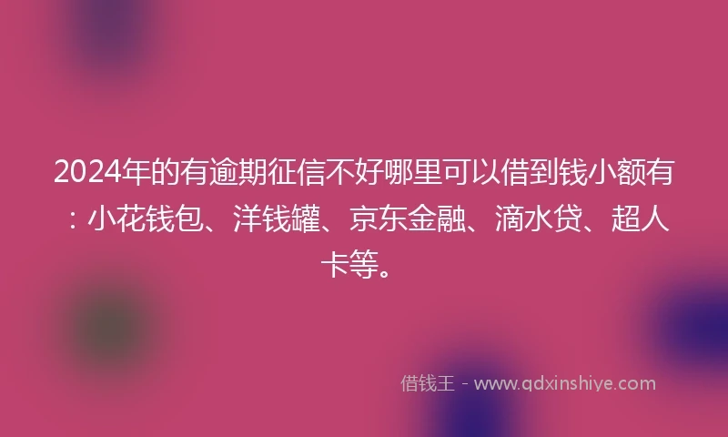 2024年的有逾期征信不好哪里可以借到钱小额有：小花钱包、洋钱罐、京东金融、滴水贷、超人卡等。