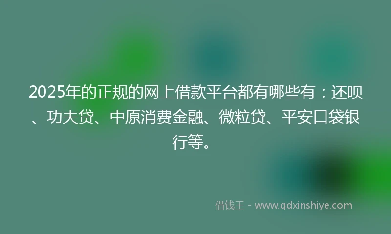 2025年的正规的网上借款平台都有哪些有：还呗、功夫贷、中原消费金融、微粒贷、平安口袋银行等。