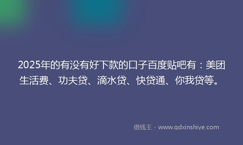 2025年的有没有好下款的口子百度贴吧有：美团生活费、功夫贷、滴水贷、快贷通、你我贷等。