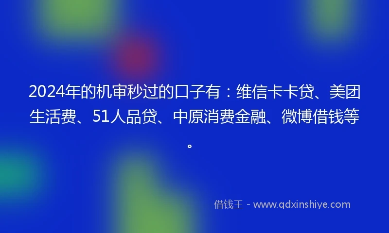 2024年的机审秒过的口子有：维信卡卡贷、美团生活费、51人品贷、中原消费金融、微博借钱等。
