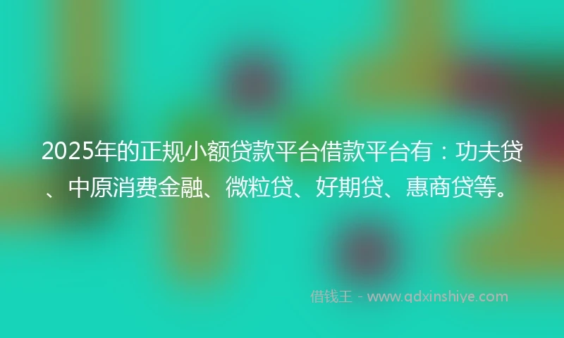 2025年的正规小额贷款平台借款平台有：功夫贷、中原消费金融、微粒贷、好期贷、惠商贷等。